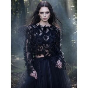 Blouse Womens Small Black Mesh Fringe Sheer Long Sleeve Cropped Dark Fairy Goth